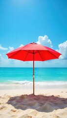 Vibrant red beach umbrella providing shade on a sunny day at the seaside Perfect for summer vacation themes and travel imagery Enjoy the tranquil coastal scene , outdoor, umbrella