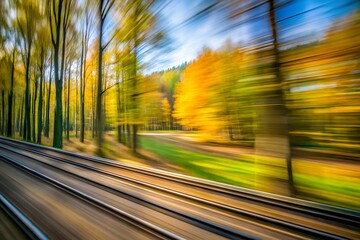 Fast train speeding through autumnal forest, blurred motion, vibrant yellows and greens