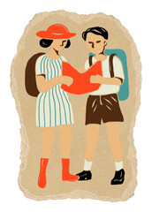 Tourist couple png sticker, torn paper transparent background