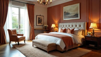 A luxurious bedroom, impeccably styled with rich fabrics, plush textiles, and elegant accessories The room exudes sophistication and calm, perfect for relaxation and rest , sheet, spacious