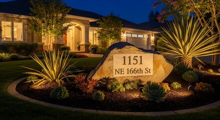 Nighttime view of a well-lit house with a stone address marker in the front garden. Lush landscaping and warm outdoor lighting enhance the curb appeal.