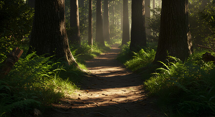 Fototapeta premium Sunlit Forest Path: A Serene Morning Walk