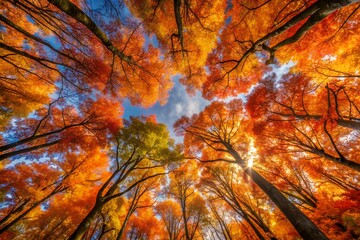 Vibrant autumn foliage canopy in a sunlit forest, low angle view