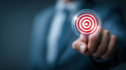 Aiming for winning goal concept. Business strategy, Company target achievement, business goal or objective to achieve. Businessman show virtual target icon for business objective