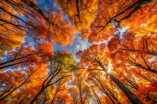 Vibrant autumn foliage canopy in a sunlit forest, low angle view