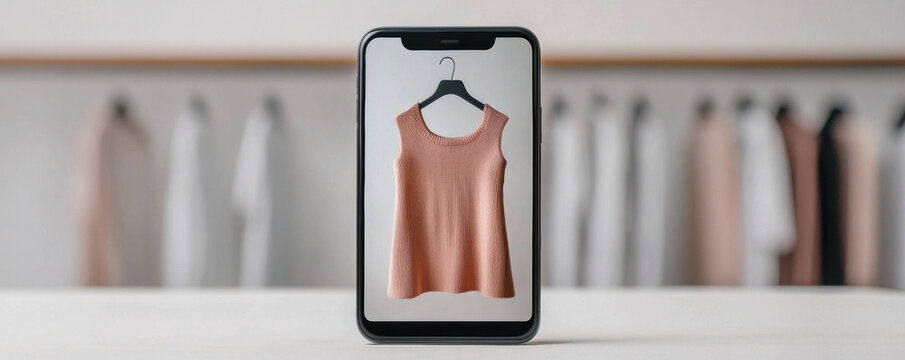 smartphone displays a knitted sleeveless top on a hanger, with blurred clothing items in the background on a rack.