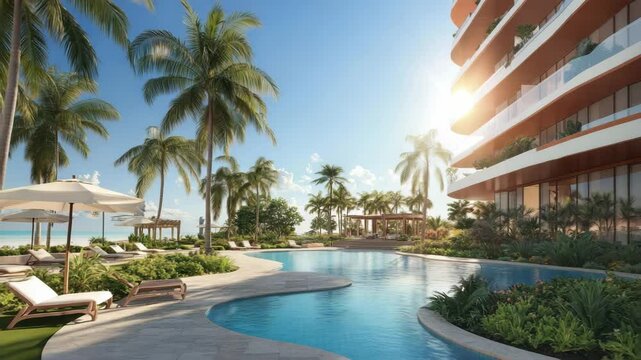 Swimming Pool and Lounge Area at Luxury Beachfront Condominium on Sunny Day