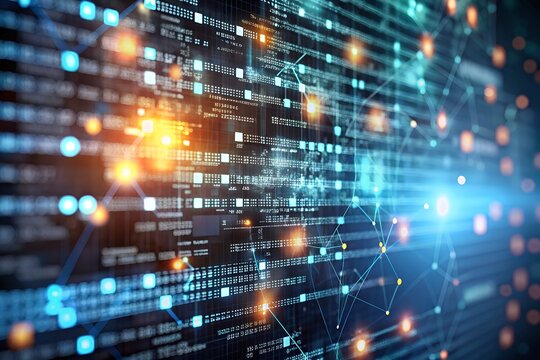 Abstract digital data stream flowing with glowing nodes and lines, technology background