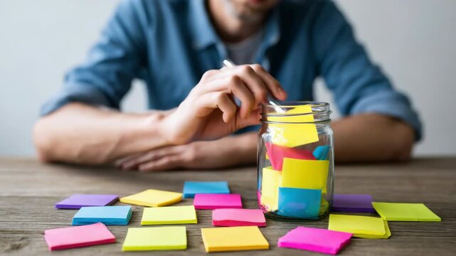 Man in blue shirt at wooden table brainstorming ideas, writing on colorful sticky notes from glass jar, showcasing creativity, office productivity, and planning with sticky notes scattered around