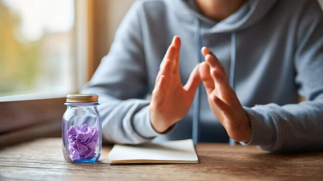 Person casual gray hoodie sits wooden table with glass jar and purple paper notes, hands resting near notepad, window reflecting daylight, suggesting thoughtful reflection, planning, and creative