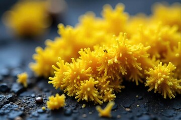 Obraz premium Close-up view of vibrant yellow mold growing on a surface, exhibiting a textured, fuzzy appearance The color is intense and the mold shows signs of active growth , illness, spores