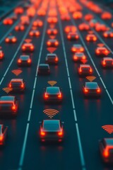 Traffic jam scene with illuminated cars and wireless signals, illustrating modern congestion and smart vehicle technology.