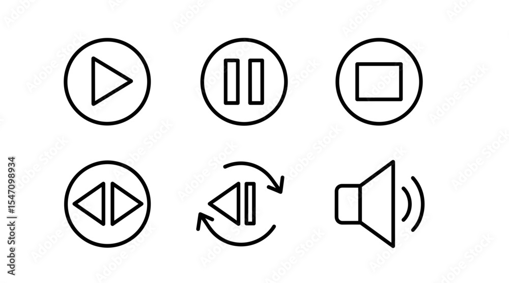 Poster vector six media player control icons arranged in a grid like pattern with play pause and volume con
