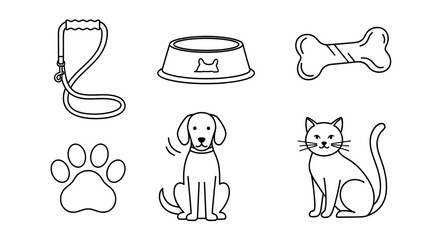 Vector outline drawing of a dog, cat, leash, paw print, bone, and pet bowl arranged in a neat display here