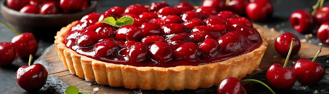 A luscious cherry tart on a wooden board, surrounded by scattered cherries. Sweet, red, and delectable