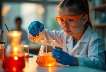 Realistic photo of a high school student wearing safety goggles and gloves pouring liquid into a beaker as part of a chemistry experiment