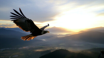 Fototapeta premium Eagle spreading its wings and flying freely, corporate spirit, annual meeting background