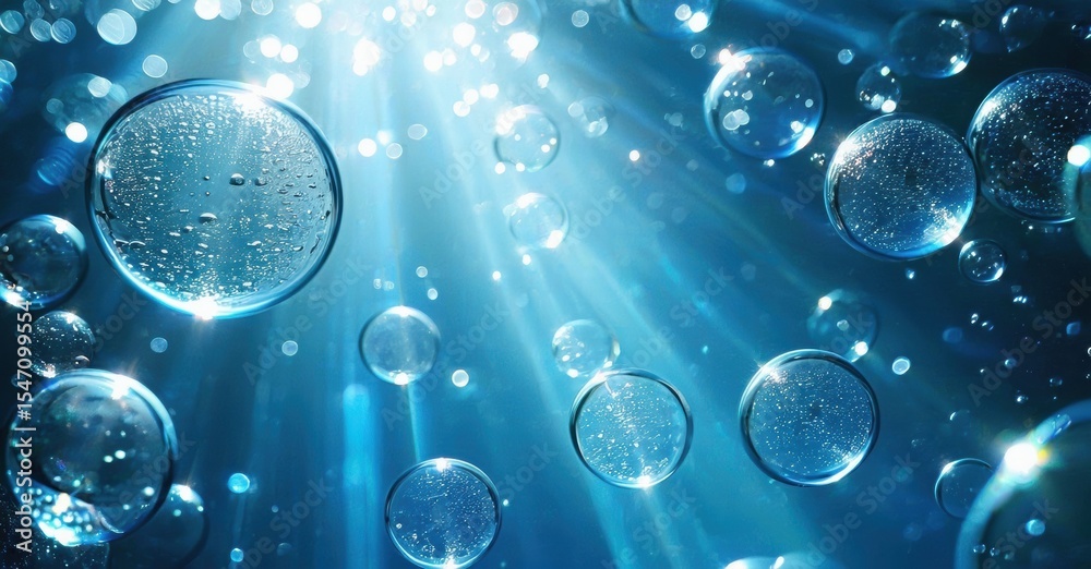 Aufkleber Bubbles float within vibrant blue light. Sparkling reflections create dynamic visual texture. Water droplets shimmer, offering ethereal beauty.