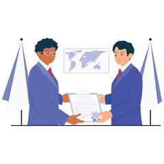 Diplomacy Illustation. Vector illustration of Two men in suits exchanging a signed official document in front of flags and a map. Isolated on background