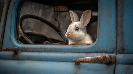 Happy rabbit in Truck and look from window
