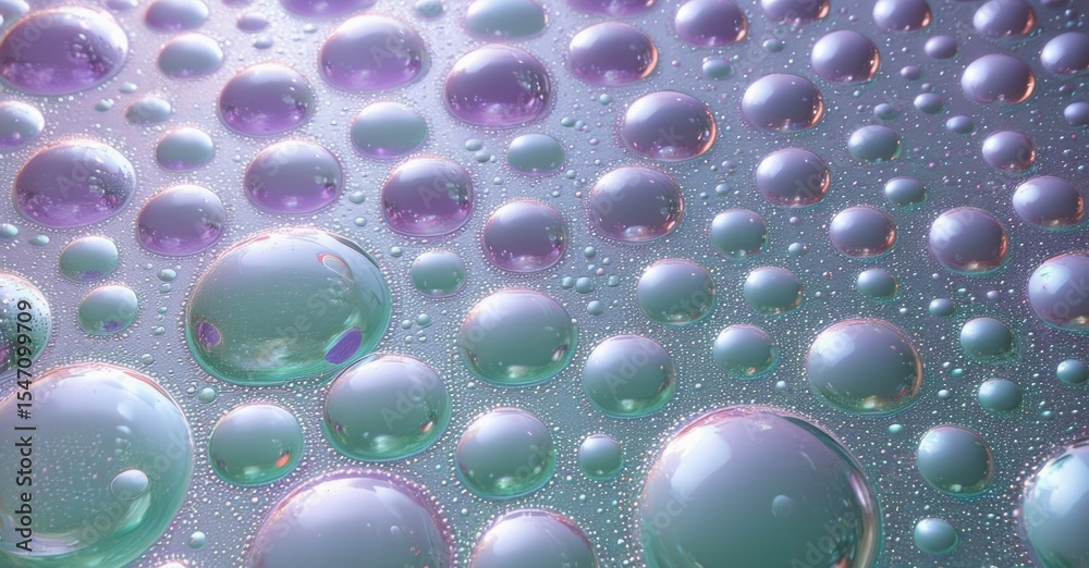 Poster water droplets cover surface. colors shift from purple to teal. bubbles reflect light creating abstr