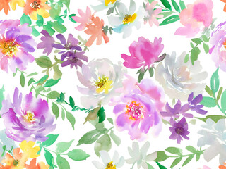 PNG seamless pattern of abstract purple peonies and wild flowers painted in watercolor. Hand painted floral textile design with transparent background. Botanical wall paper for wedding invitations.