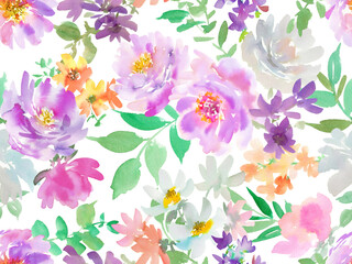PNG seamless pattern of abstract purple peonies and wild flowers painted in watercolor. Hand painted floral textile design with transparent background. Botanical wall paper for wedding invitations.

