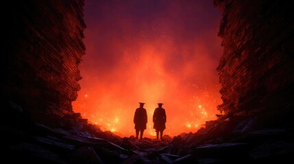 Two figures stand amidst a fiery scene of devastation.