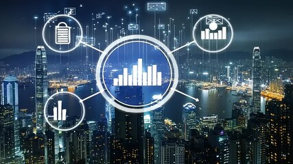 Nighttime cityscape with digital data visualization overlay showcasing urban analytics and connectivity - Powered by Adobe