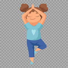 Cartoon Girl in Tree Pose – Yoga Illustration with Transparent Background

