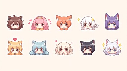 Cute Chibi Anime Nekomimi Character Faces
