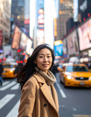 Japanese woman in camel coat crossing New York street with taxis in motion