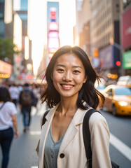 Japanese woman smiling confidently while strolling through New York City