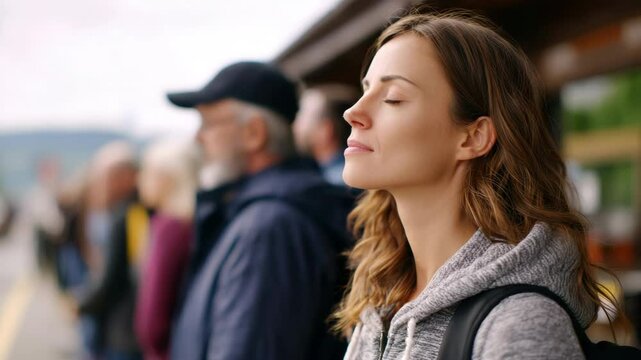 Young woman with brown hair casual hoodie and backpack stands outdoors train station platform, eyes closed, enjoying peaceful, serene moment while waiting to travel, surrounded by blurred people