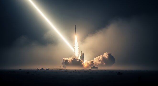 Rocket Launching with Dramatic Smoke and Intense Light Beam