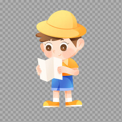 Cartoon Boy Explorer Reading a Map

