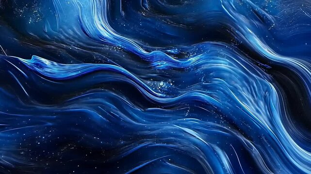 Abstract blue waves with swirling patterns and shimmering stars, creating a serene oceanic atmosphere