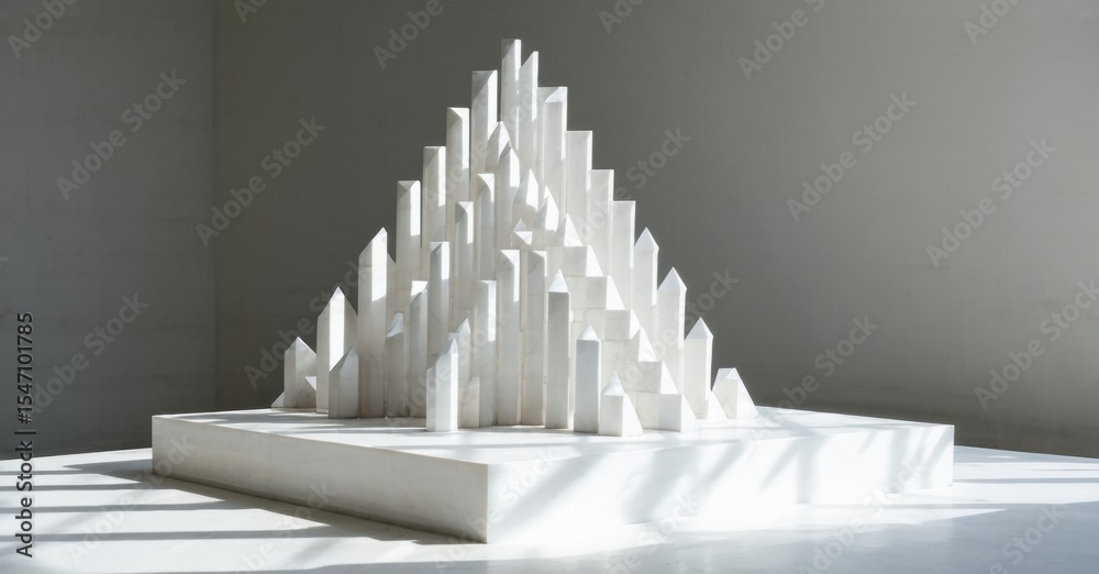 Poster minimalist sculpture. white rectangular blocks form pyramid shape. clean lines, geometric design, so
