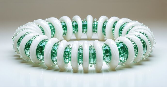 Elegant bracelet. White rings encircle vibrant green glass beads. Delicate texture, beautiful craftsmanship, simple design. Perfect accessory.