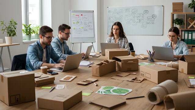 Team Working on Sustainable Packaging Project in Office