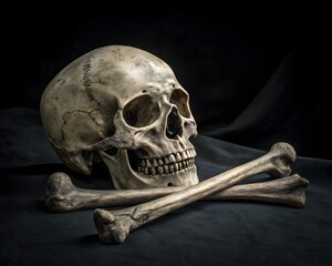 Anatomical Still Life Skull and Crossbones Against Dark Fabric Backdrop