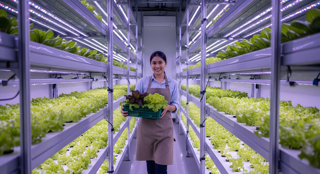 A smiling young Asian woman, a modern farmer, holds a basket of fresh lettuce in a high-tech vertical farm with LED grow lights. Concept of urban farming and sustainable technology