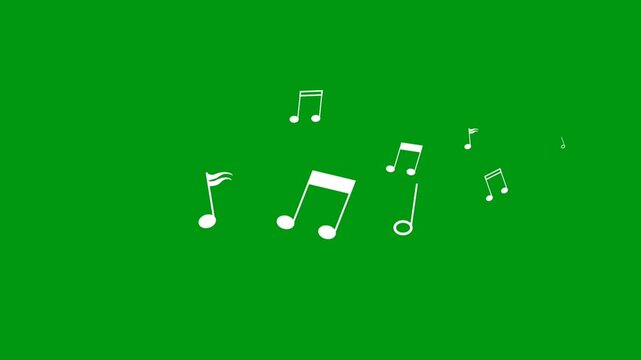 Animated white musical notes (eighth notes, quarter notes) float and drift gracefully across a vibrant green screen background. For music videos or education.