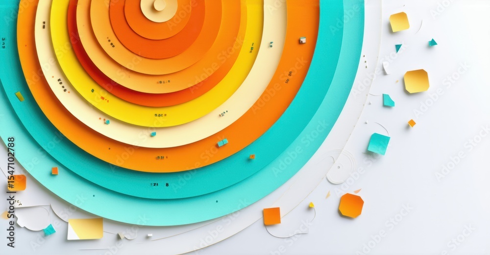 Poster abstract paper layers create circular design. warm orange, cool turquoise hues dominate composition.