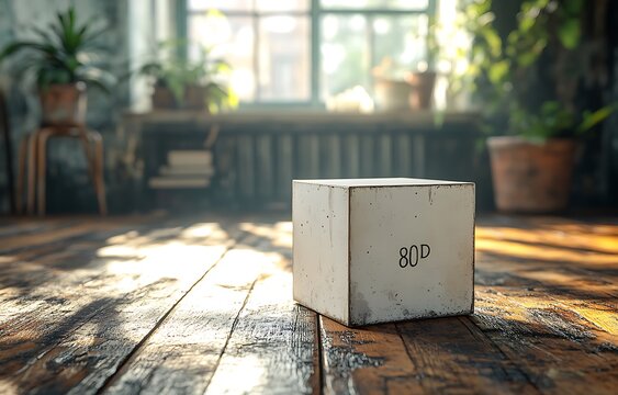 White Cube Marked 80D on Wooden Floor with Plants and Sunlight

