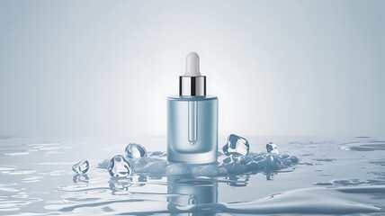 Refreshing serum bottle ice water background