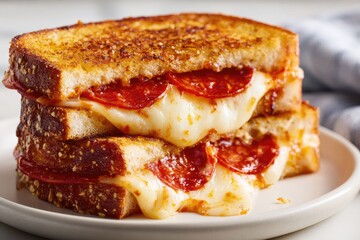Melted pizza sandwich with melted cheese and pepperoni slices.