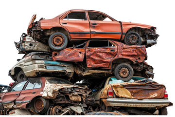 Fototapeta premium Old Rusty Junk Cars Stacked in Scrap Yard isolated on transparent white background, clipping path