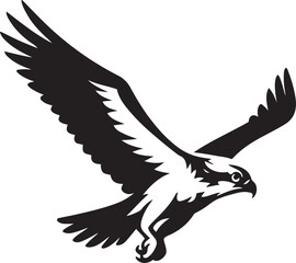 Bold black and white illustration of a osprey in flight, Soaring bird dynamic sketch