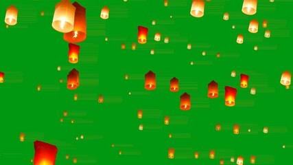Animated glowing sky lanterns float upwards and past the viewer on a vibrant green screen. For festivals, celebrations, wishes, or cultural events chroma key.